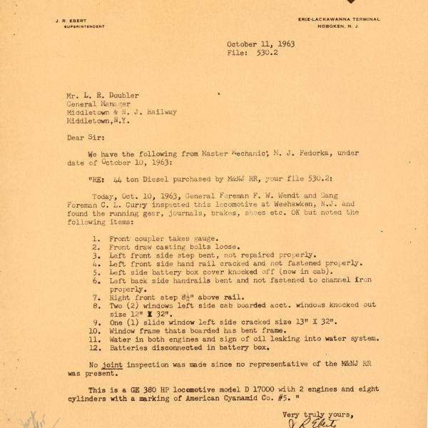 Inspection report from Erie Lackawanna Railroad inspection of Middletown & New Jersey Railroad 44-tonner locomotive 2, October 11, 1963