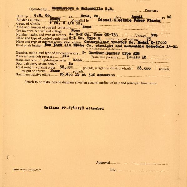 Middletown & Unionville Railroad (future Middletown & New Jersey Railroad) 44-tonner 1 specifications from General Electric, April 1946
