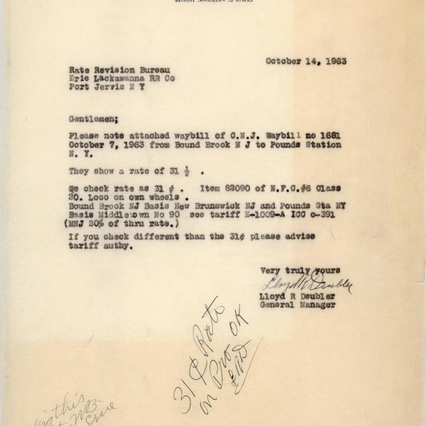 Correspondence between Middletown & New Jersey Railroad and Erie Lackawanna Railroad regarding Central Railroad of New Jersey waybill for M&NJ 44-tonner locomotive 2, October 14, 1963