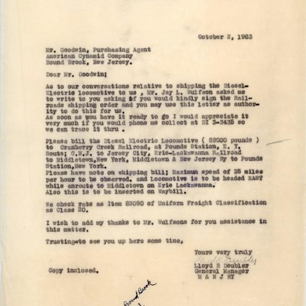 Correspondence between Cranberry Creek Railroad (Middletown & New Jersey Railroad subsidiary) and American Cyanamid regarding the purchase and shipment M&NJ 44-tonner locomotive 2, October 2, 1963