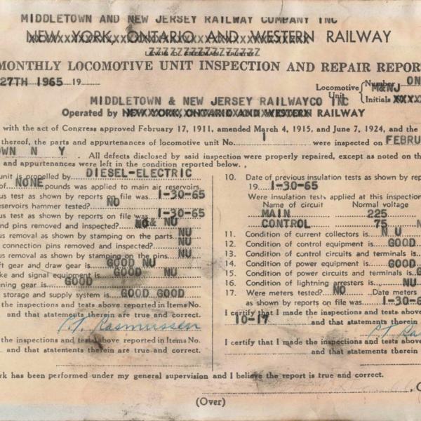 Monthly Locomotive Unit Inspection and Repair Reports of Middletown & New Jersey Railroad 44-tonner locomotive 1, updated to October 19, 1967