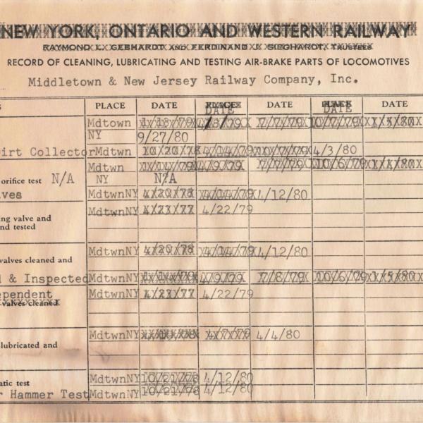 Record of Cleaning, Lubricating and Testing Air Brake Parts of Middletown & New Jersey Railroad 44-tonner locomotive 1, updated to September 27, 1980