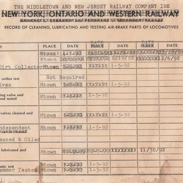 Record of Cleaning, Lubricating and Testing Air Brake Parts of Middletown & New Jersey Railroad 44-tonner locomotive 2, updated to November 30, 1992