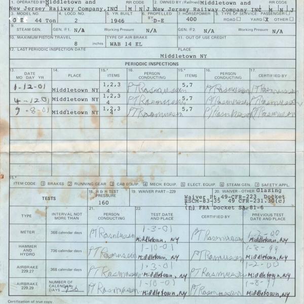 Blue cards for Middletown & New Jersey 44-tonner locomotive 2, updated to January 10, 2001