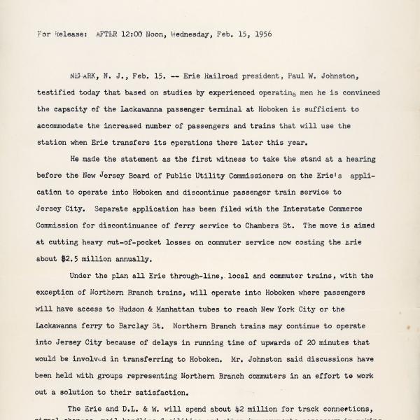 Erie Railroad press release regarding use of Hoboken Terminal, February 15, 1956