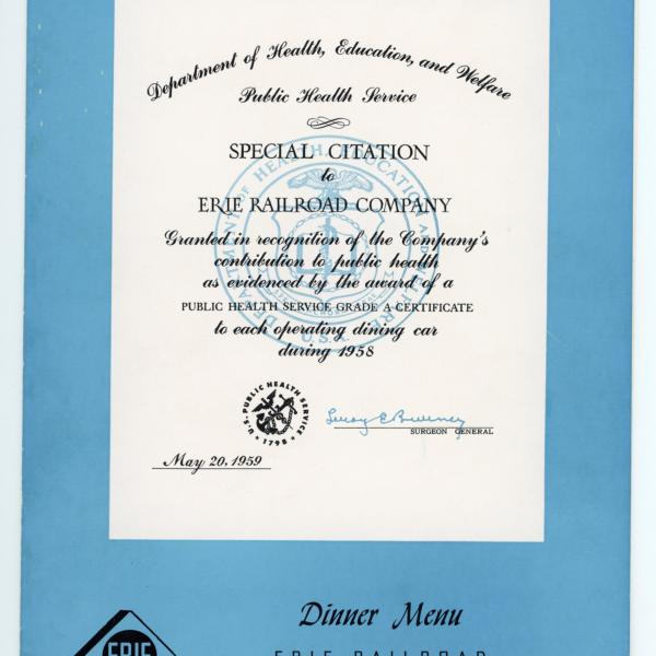 Erie Railroad dining car menu, dinner, May 27, 1959
