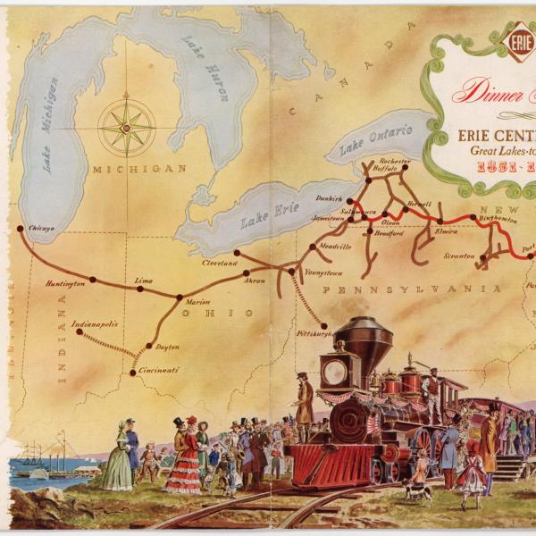 Erie Railroad centennial dining car dinner menu, September 1, 1951