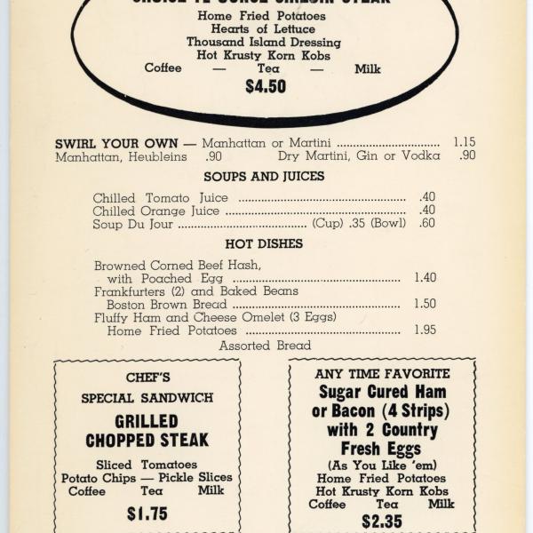 Erie Lackawanna dining car buffet menu, 1960s