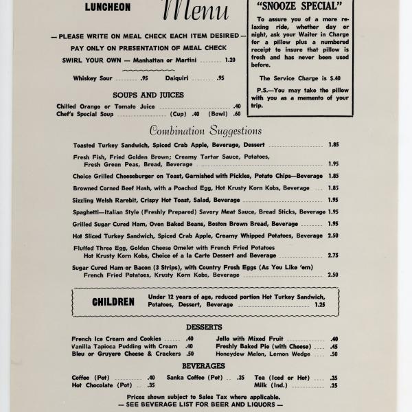 Erie Lackawanna dining car luncheon menu, August 15, 1968