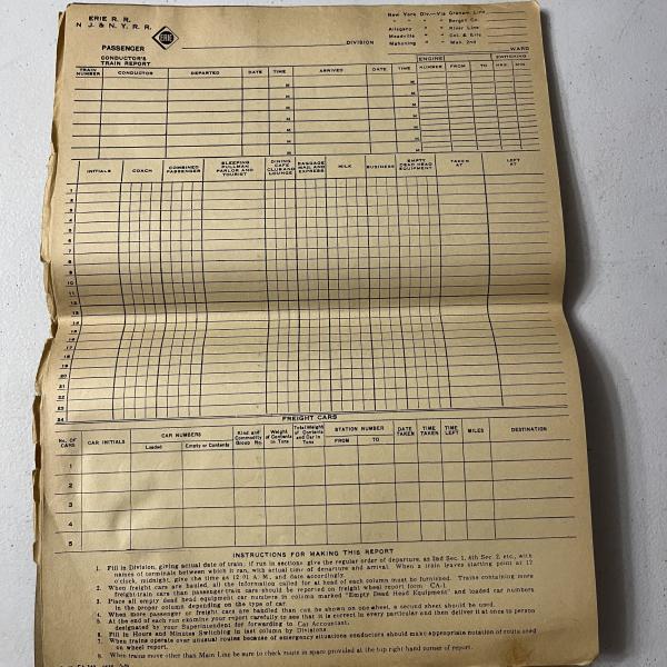 Pad of Erie Railroad passenger conductor's train report, unused, May 1959
