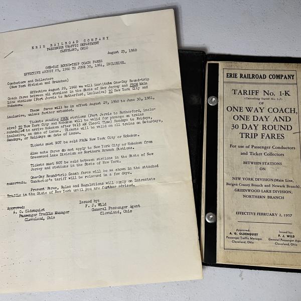 Erie Railroad Tariff No. 1-K of One Way Coach, One Day and 30 Day Round Trip Fares, February 2, 1957