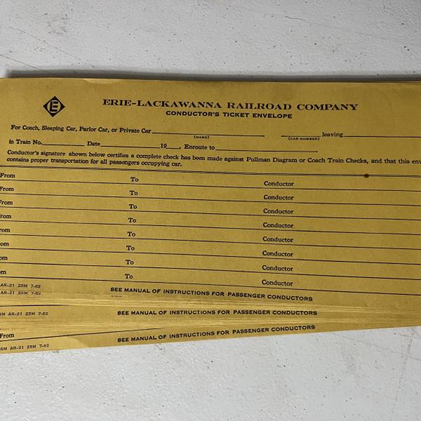 Stack of Erie Lackawanna conductor's ticket envelopes, unused, July 1962