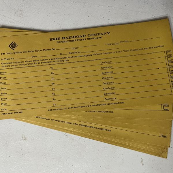 Stack of Erie Railroad conductor's ticket envelopes, unused, September 1959