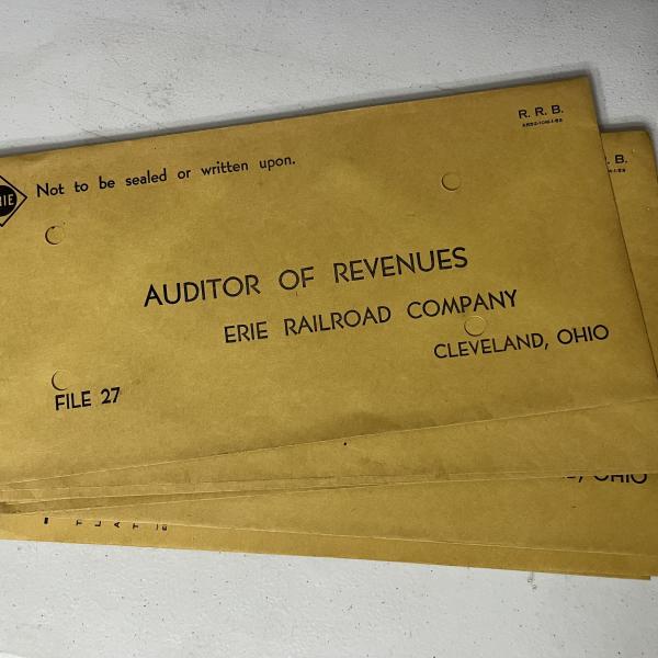 Stack of Erie Railroad auditor of revenues envelopes, unused, January 1955