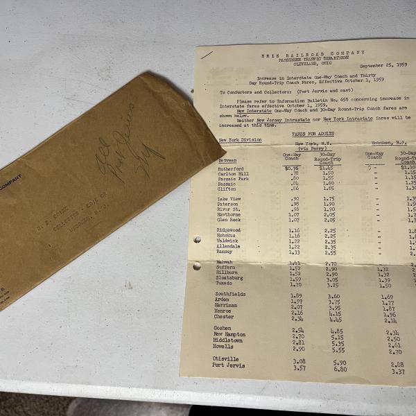 Erie Railroad Increase in Coach Fares, Effective October 1, 1959 (in envelope addressed to H. D. Crine, Collector - Erie RR, Hoboken, N. J.)