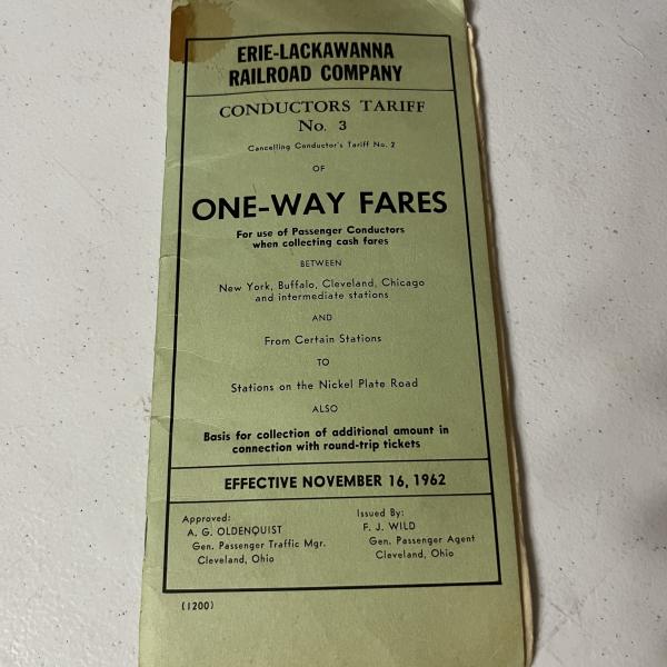 Erie Lackawanna Conductors Tariff No. 3, One-Way Fares, November 16, 1962