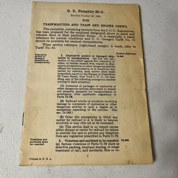 B. E. Pamphlet 20-G, revised October 30, 1964, for Trainmasters and Train and Engine Crews