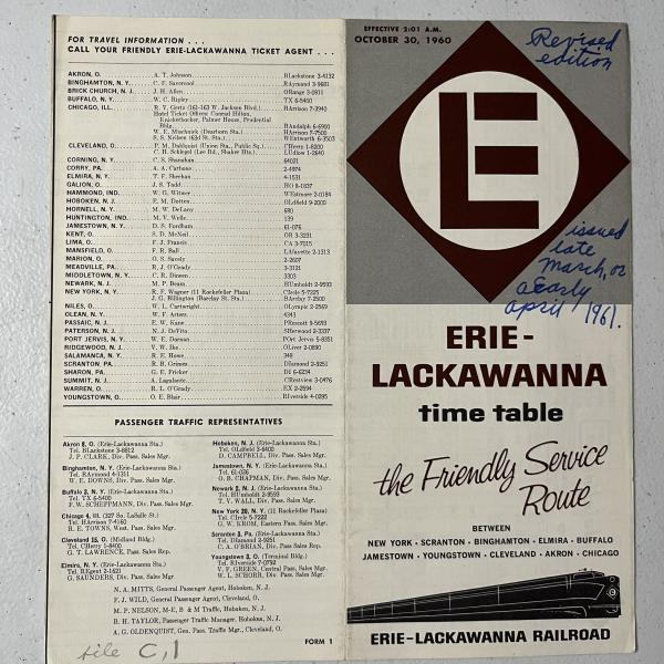 Erie Lackawanna system timetable, October 30, 1960 (revised edition, issued late March or early April 1961)