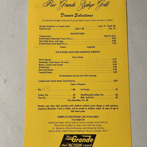 Rio Grande Zephyr Grill Menu, January 1980