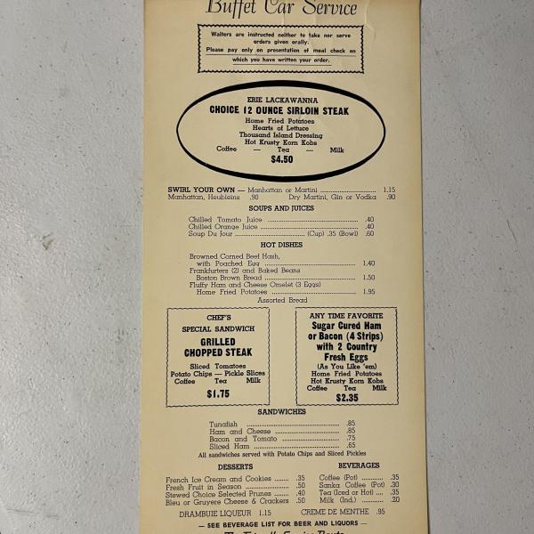 Erie Lackawanna Buffet Car Menu, 1960s
