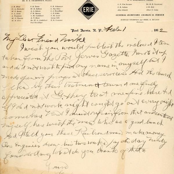 Letter on Erie Railroad Young Men's Christian Association (YMCA) letterhead, Port Jervis, N.Y.