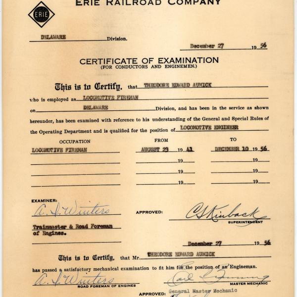 Erie Railroad promotion from fireman to engineer for Theodore Edward Aumick, Port Jervis, NY, December 27, 1956
