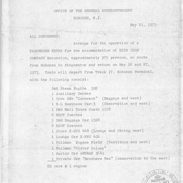 Erie Lackawanna schedule and operating bulletin for D&H Steam Engine 302 operations on Erie Lackawanna Territory, May 21, 1973, Port Jervis office record