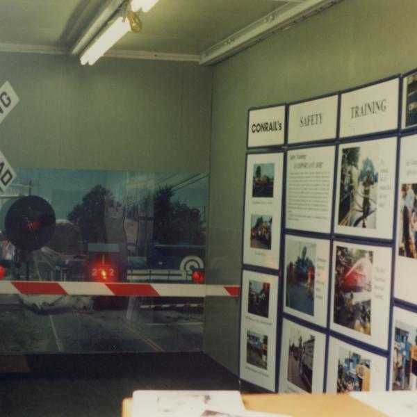 Photograph of interior of Conrail Safety on Rails Theater boxcar 368191 in Scranton, PA, mid-1990s