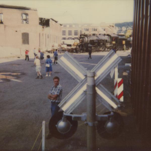 Photograph of exterior of Conrail Safety on Rails Theater boxcar 368191 in Scranton, PA, mid-1990s