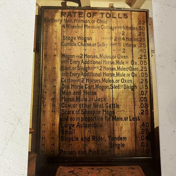 Postcard of Rate of Tolls sign at Flo-Jean Restaurant, Port Jervis, NY