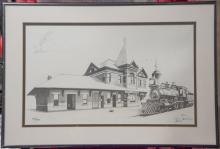 Framed pencil drawing of Port Jervis station and Erie steam locomotive