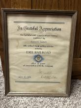 Framed Certificate of Service for Lester L. Kendall