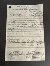 Erie Railroad Time Correction Slip and Notice of Adjustment for B.T. Miller, Engineer, October 18, 1948