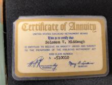 Certificate of Annuity, United States Railroad Retirement Board, for Solomon V. Middaugh