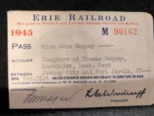 Erie Railroad pass, 1945, Ms. Jean Hoppey