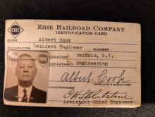 Erie Railroad employee identification card, Albert Cook, Resident Engineer, Buffalo, NY