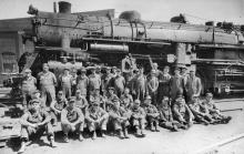 Photograph of Erie Railroad 2-8-4 Berkshire 3351 at Port Jervis Roundhouse with mechanical staff, late 1930s
