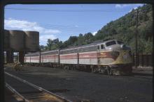 Photograph of Erie Lackawanna E8 827 at Port Jervis engine facility, September 1974