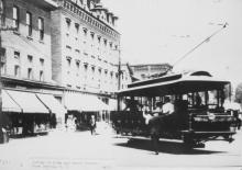 Photograph of Port Jervis trolley car 221 at corner of Front Street and Pike Street, Port Jervis, NY