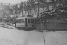 Photograph of Port Jervis trolley car at ice house near Sparrowbush, NY