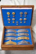 Wooden Box of Erie, Lackawanna, and New Jersey & New York Uniform Buttons and Hat Badges