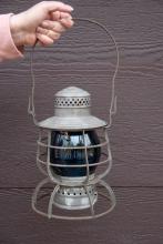 Railroad Signal Lamp & Lantern Co. lantern, marked Erie R.R. Co. with blue E.R.R. Co. globe