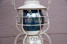 Railroad Signal Lamp & Lantern Co. lantern, marked Erie R.R. Co. with blue E.R.R. Co. globe