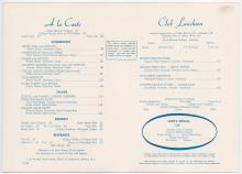 Erie Railroad dining car luncheon menu, August 15, 1960