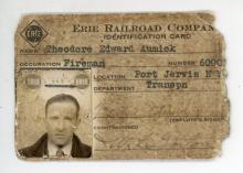 Erie Railroad employee identification card, Theodore Edward Aumick, Fireman, Port Jervis, NY