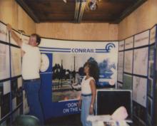 Photograph of interior of Conrail Safety on Rails Theater boxcar 368191, mid-1990s