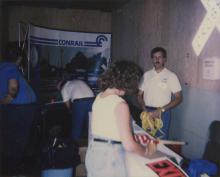 Photograph of interior of Conrail Safety on Rails Theater boxcar 368191, mid-1990s
